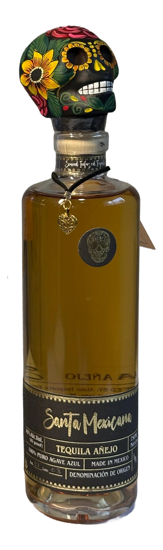 Santa Mexicana Tequila Añejo, 750 ml, with its hand-painted skull stopper