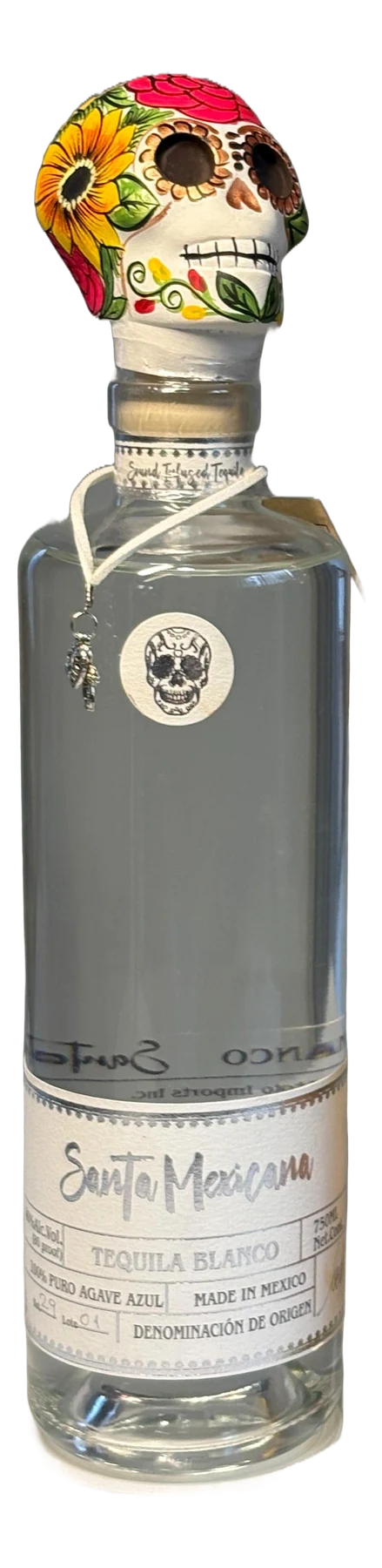 Santa Mexicana Tequila Blanco, 750 ml, with its hand-painted skull stopper