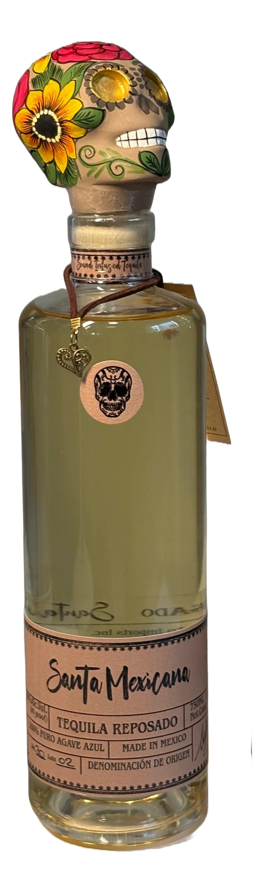 Santa Mexicana Tequila Reposado, 750 ml, with its hand-painted skull stopper