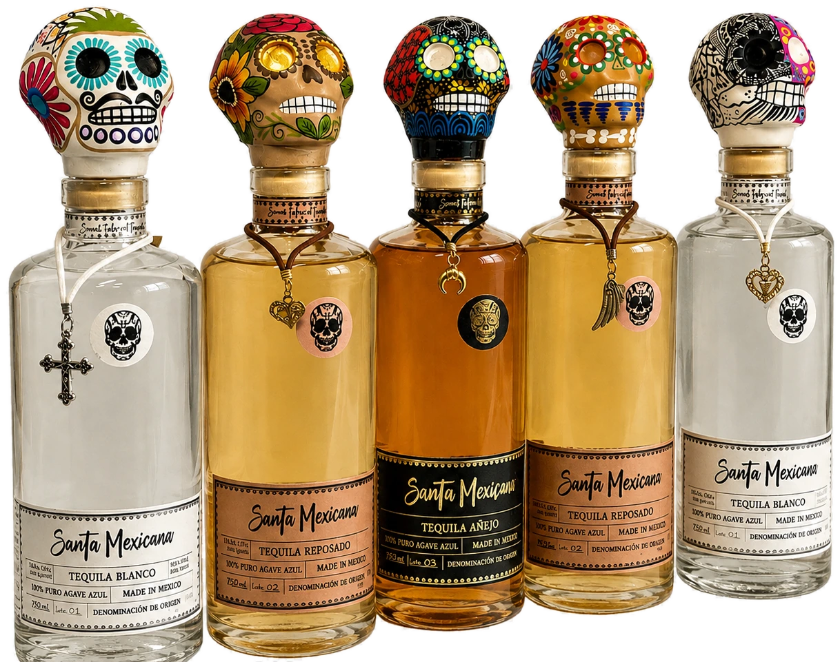 Five Santa Mexicana bottles together, each with a different hand-painted skull stopper