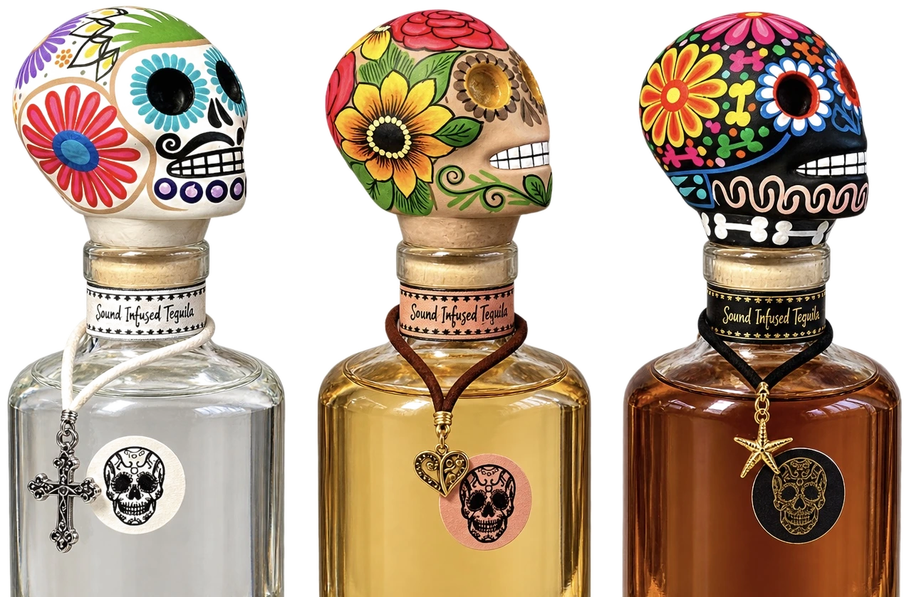 Blanco, Reposado and Añejo side by side, each with a different hand-painted skull stopper